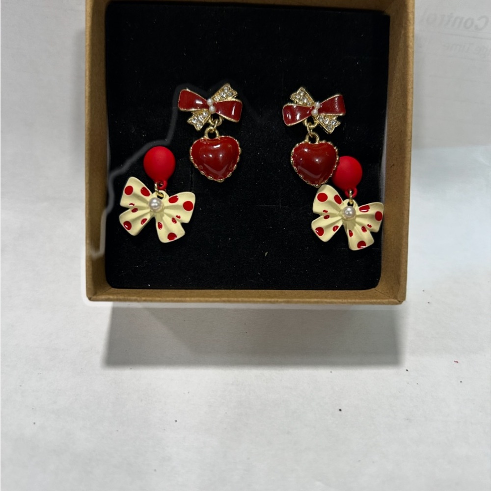 Red and Cream Heart Bow Earrings